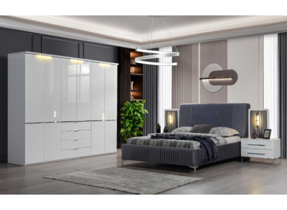 White -Gray Bedroom Furniture Textile Bed Bedside table Wardrobe 4pcs