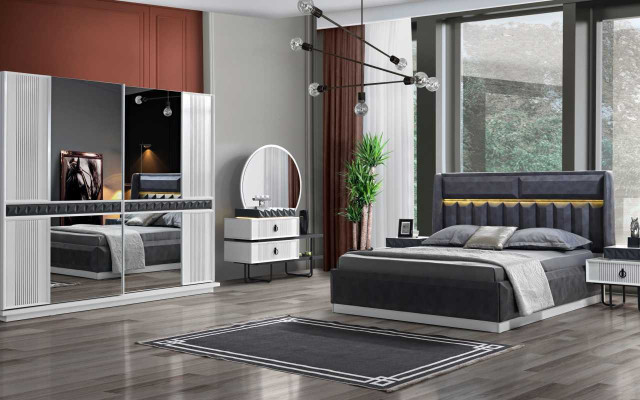 Gray-White Bedroom Furniture Textile Bed Bedside tables Luxury Cabinets new