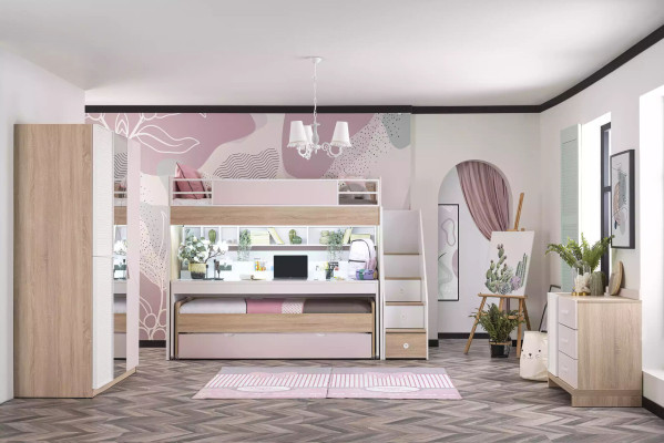 Bunk bed Bed with 3 sleeping places Multifunction bed Wood Pink Luxury Loft bed