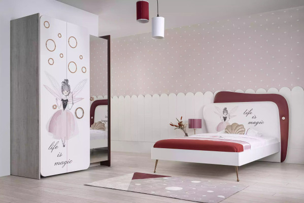 White Gray Childrens room Set Bed Bedside table Wardrobe Wood 3pcs