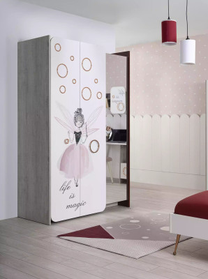White Gray Childrens room Set Bed Bedside table Wardrobe Wood 3pcs