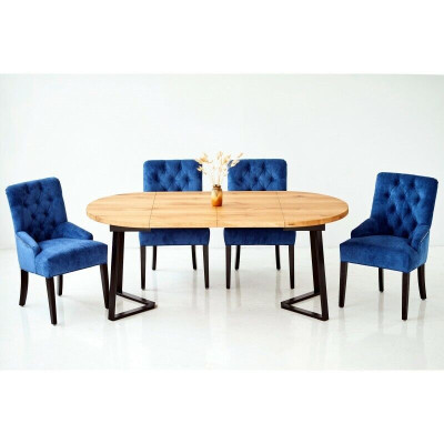 Round Wood Dining table Designer Blue e x4 Chesterfield Dining room Chairs 5-piece set.