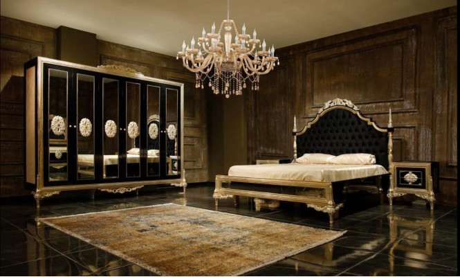 Black bedroom set Luxury Bed 2x Bedside tables Chest of drawers Wardrobe