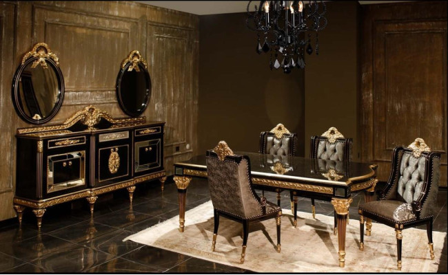 Black Classic Dining room set Dining table 4x Chairs Display case 7 pieces