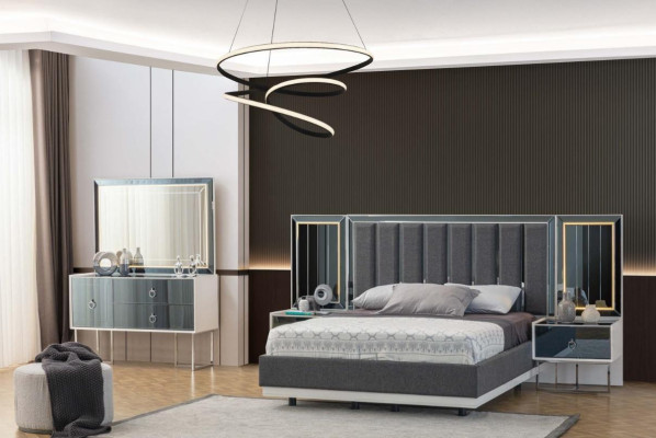 Modern Gray and White Bedroom Furniture Wood Bedside tables Double bed 5pcs