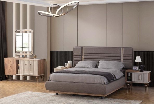 Elegant bedroom set Upholstered bed Bedside tables Dressing table Mirror