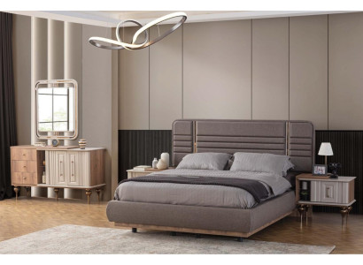 Elegant bedroom set Upholstered bed Bedside tables Dressing table Mirror