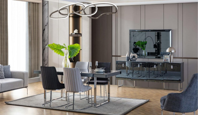 Black -Gray Dining room Furniture Rectangular Dining table 4x Textile Chairs