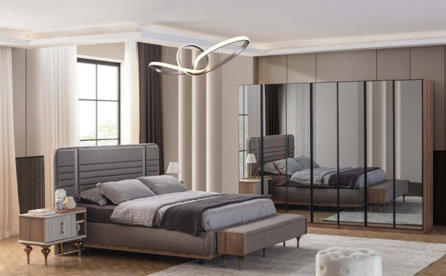 Modern Bedroom Furniture Suite Double bed Bedside tables Glass cabinet