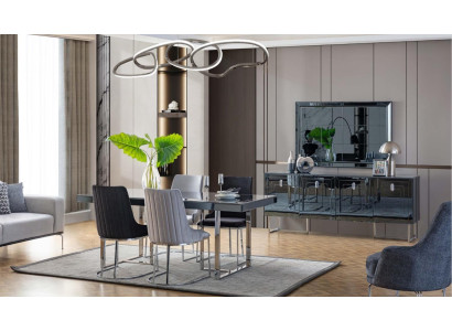 Modern Dining room Furniture Wooden dining table 4x textile chairs Sideboard Mirror