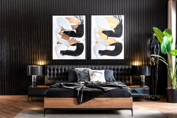 Elegant bedroom set: Double bed and 2 bedside tables in black and brown colour