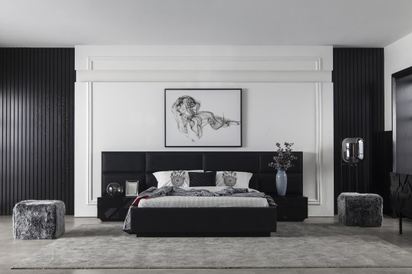 Black Bedroom Set Bed Furniture Bedside table 3pcs. Leather bed beds