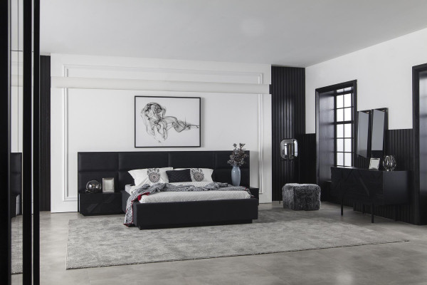 Black Bedroom Set Bed Furniture Bedside table 3pcs. Leather bed beds