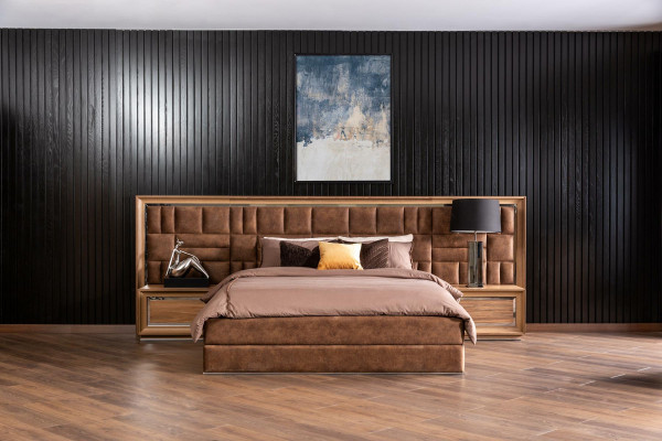 Bedroom Set Bed + Bedside tables Luxury Double Brown Hotel Beds Beds