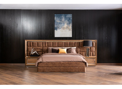 Bedroom Set Bed + Bedside tables Luxury Double Brown Hotel Beds Beds
