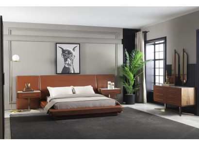 Luxury Bedroom Set Orange Terracotta Bed Leather Chest of drawers Bedside table 4-piece.