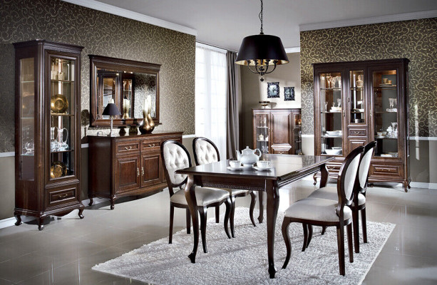 Dark Brown Wood Dining table Classic Leather Chesterfield Chairs Designer 5pcs. set