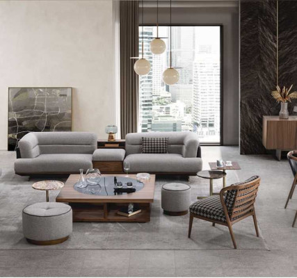 Luxury Living room Set Gray Sofa with Armchair 2x Stool Modern Design
