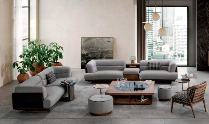 Luxury Living room Set Gray Sofa with Armchair 2x Stool Modern Design