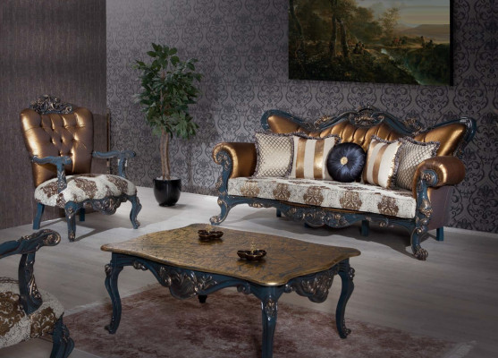 Exquisite sofa in classic style with golden elements for the living room