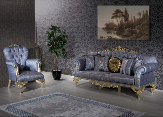 Sophisticated Classic sofa in Chesterfield design for the living room with golden cushions