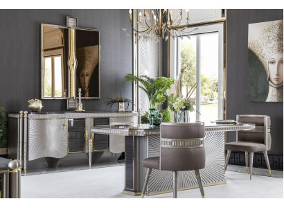 Dining room set gray dining table 4x chairs elegant sideboard mirror 7 pieces.