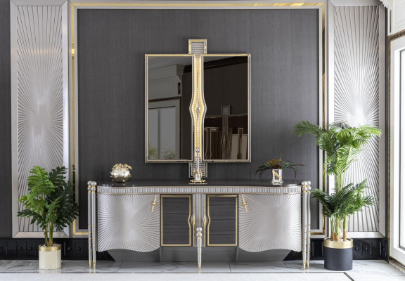 Dining room set gray sideboard beautiful mirror luxury design elegant modern 2 pieces.