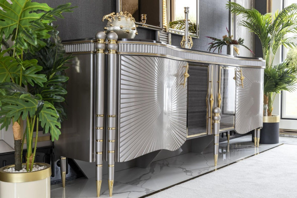 Dining room set gray sideboard beautiful mirror luxury design elegant modern 2 pieces.