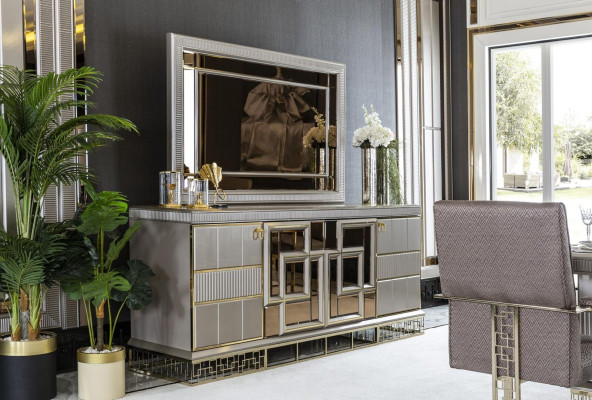 Dining room set gray sideboard mirror luxury beautiful design elegant new 2 pieces.