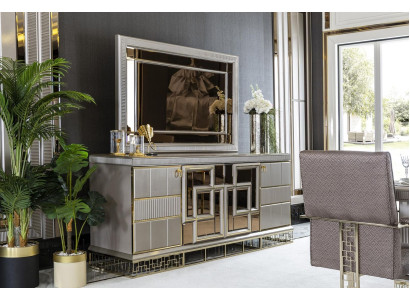 Dining room set gray sideboard mirror luxury beautiful design elegant new 2 pieces.