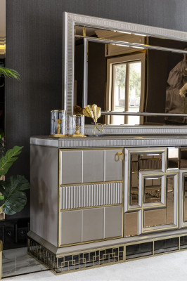 Dining room set gray sideboard mirror luxury beautiful design elegant new 2 pieces.