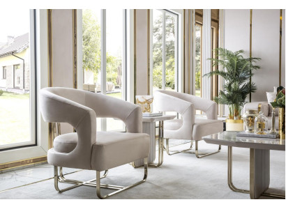 Living room Set Beige 2x Armchair White Side table Elegant Furniture new