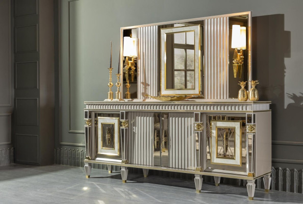 Dining room set white sideboard mirror elegant design metal luxury new 2 pieces.