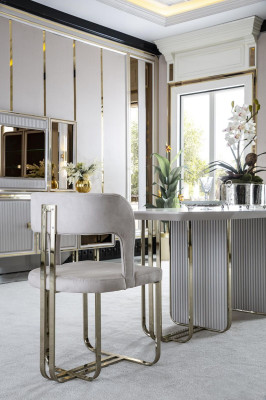 Dining room set beige 2x chairs luxury dining table white elegant metal 3 pieces.