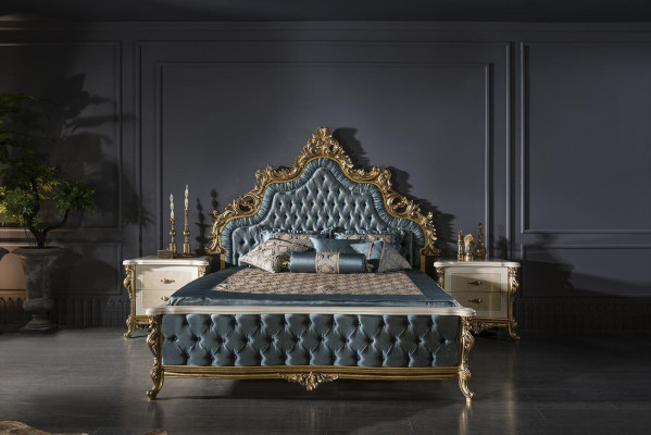 Classic s Chesterfield Bed Bedroom Set Blue 2x Bedside tables Gold 3-piece.