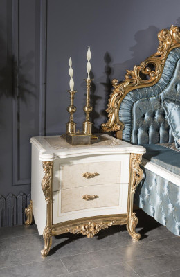 Classic s Chesterfield Bed Bedroom Set Blue 2x Bedside tables Gold 3-piece.