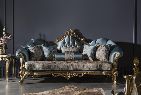 Sofa 3 Seater Blue Upholstered Sofa Living room Elegant Design Classic Luxury new