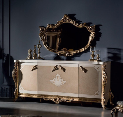 Dining room set beige sideboard beautiful mirror modern luxury design elegant 2-piece.