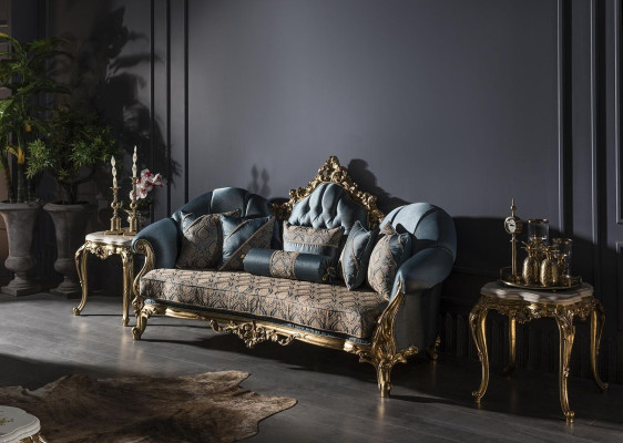 Living room Set Blue Sofa 3 Seater Elegant 2x Side table Design new 3-piece.