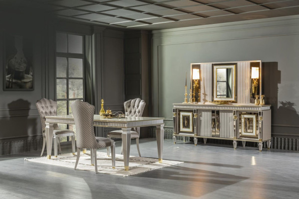 Dining room set gray 4x chairs dining table sideboard mirror elegant design 7 pieces.