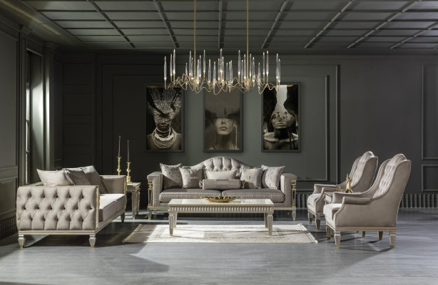 Living room Gray Sofa set 2x Side table Luxury Armchair Coffee table 7 pieces
