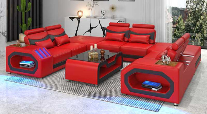 Design Living landscape Large sofa XXL U-shape Corner sofa Leather sofa Red LED