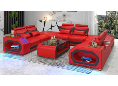 Design Living landscape Large sofa XXL U-shape Corner sofa Leather sofa Red LED