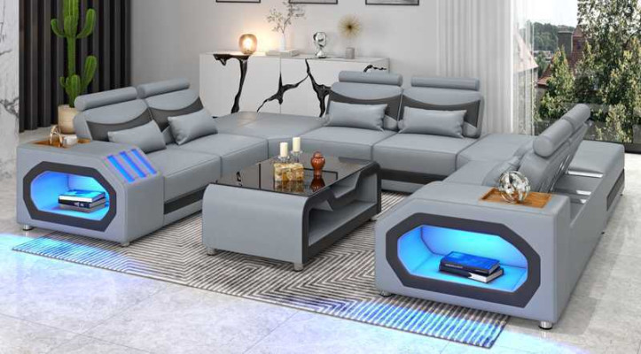 Design Living landscape Large sofa XXL U-shape Corner sofa Leather sofa Red LED