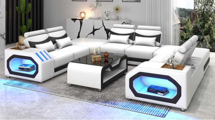 Design Living landscape Large sofa XXL U-shape Corner sofa Leather sofa Red LED