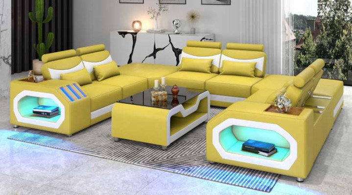 Design Living landscape Large sofa XXL U-shape Corner sofa Leather sofa Red LED