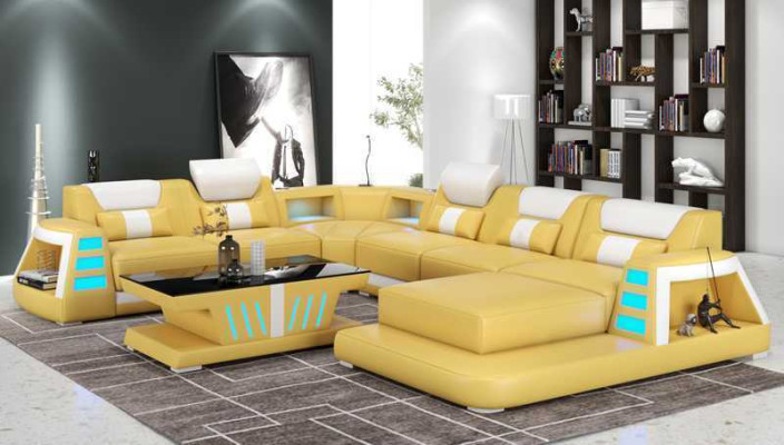 Couch Contemporary Corner sofa U-shape Yellow Living landscape Leather sofa Sofa