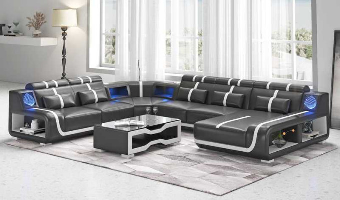 Living landscape XXL Sofa U-shape Big Corner sofa Leather sofa Black Sofas