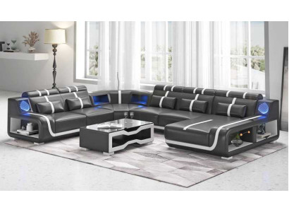 Living landscape XXL Sofa U-shape Big Corner sofa Leather sofa Black Sofas