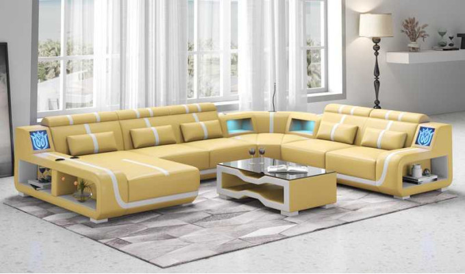 Living landscape XXL Sofa U-shape Big Corner sofa Leather sofa Black Sofas